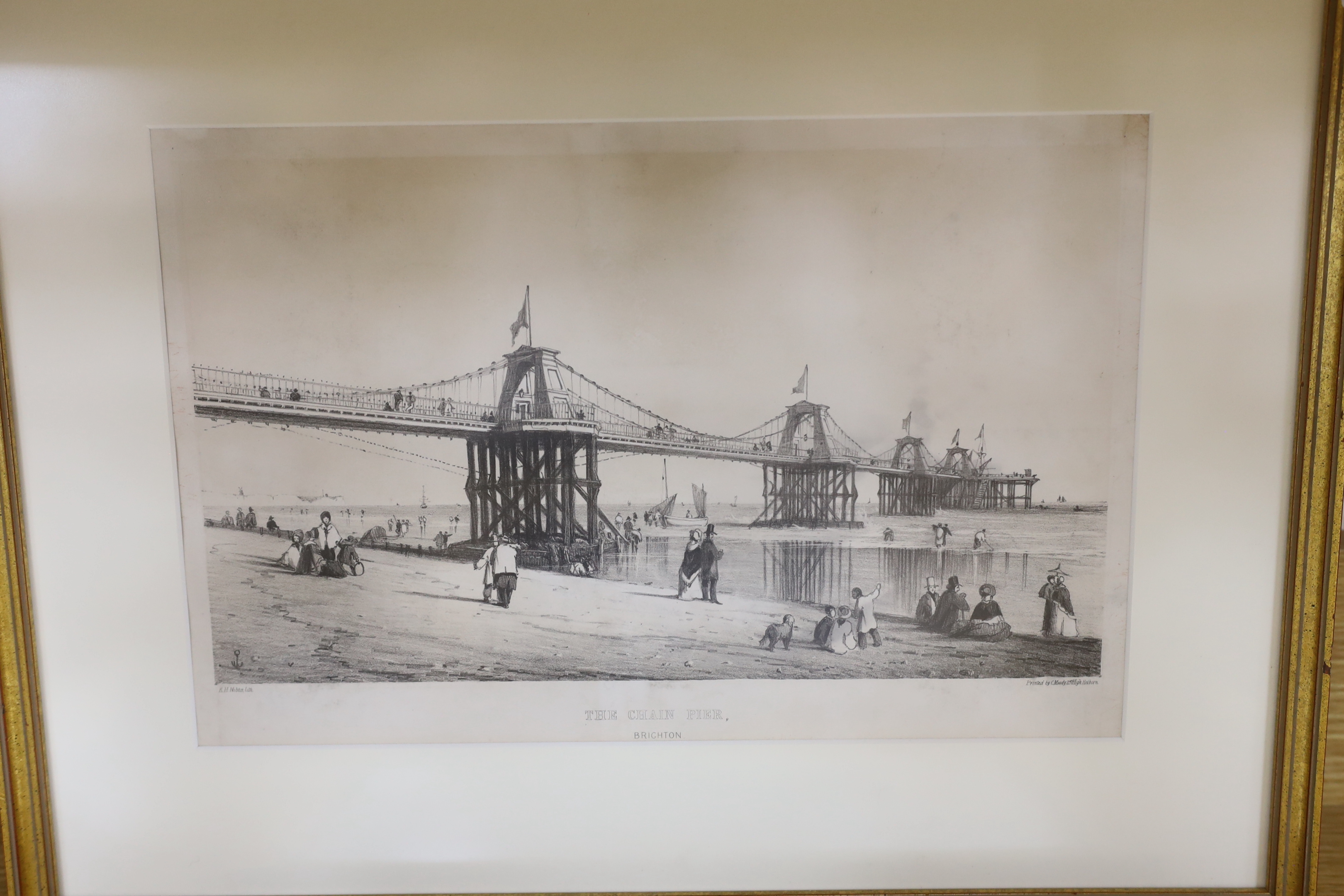 Five 19th century engravings and prints of Brighton Chain pier, some hand coloured including, ‘Chain pier’, publ. J Cordwell, ‘Dieppe steam packet ship’ and one other after R.H Nibbs, printed by C. Moody, largest size 23